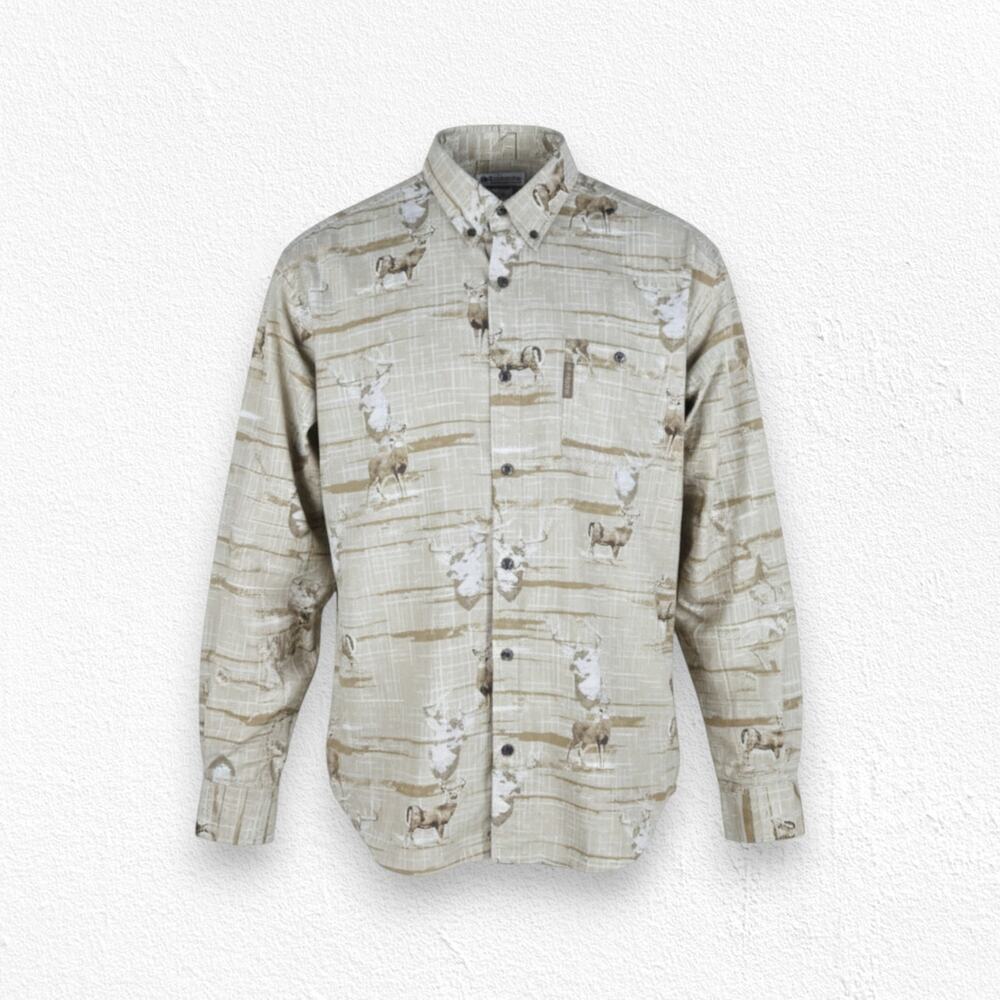 Columbia Khaki Tan Whitetail Deer Button Down River Lodge Shirt Size Medium